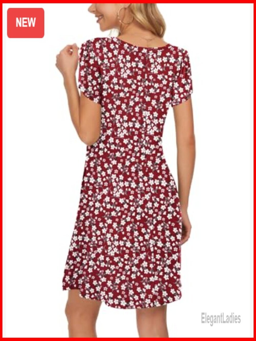 Casual Crewneck Petal Sleeve Swing Dress with Pockets - Picture 4 of 6